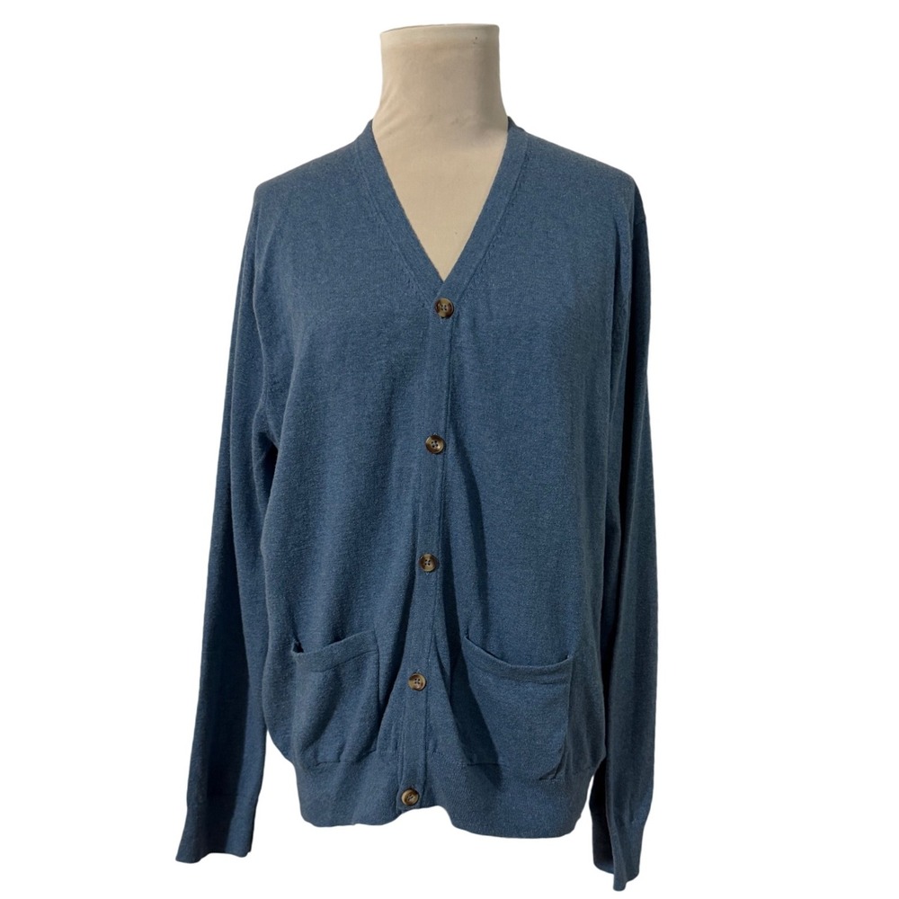 Crown Ivy Blue Cotton Cashmere Blend V-Neck Cardigan Sweater Size L Casual Fall